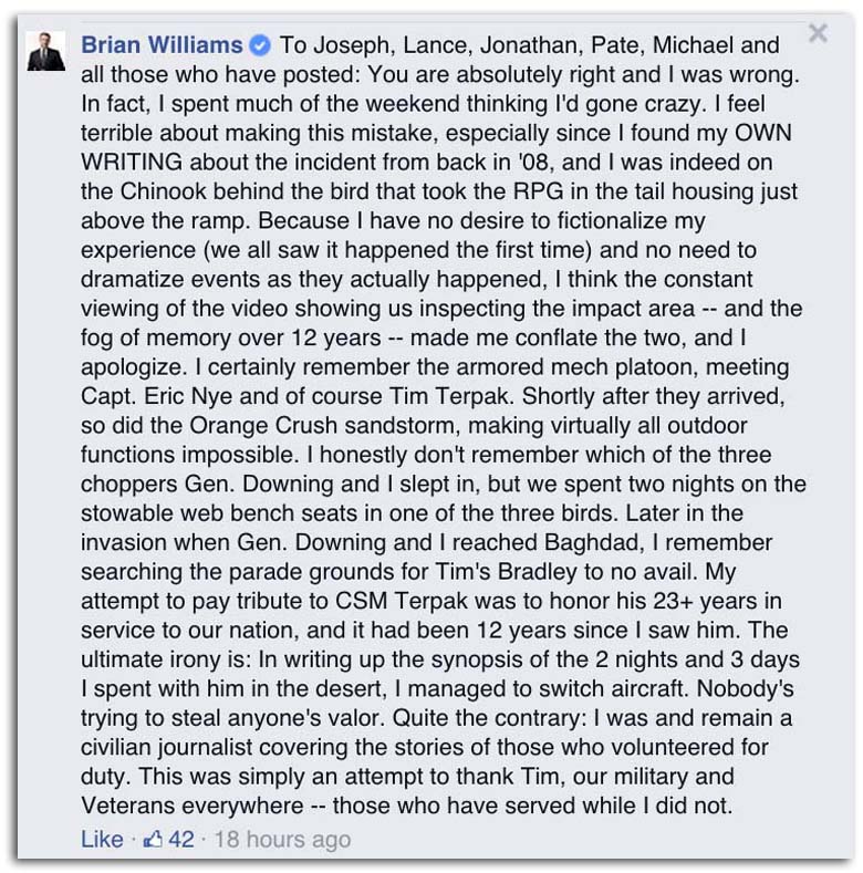 brian williams facebook, brian williams apology