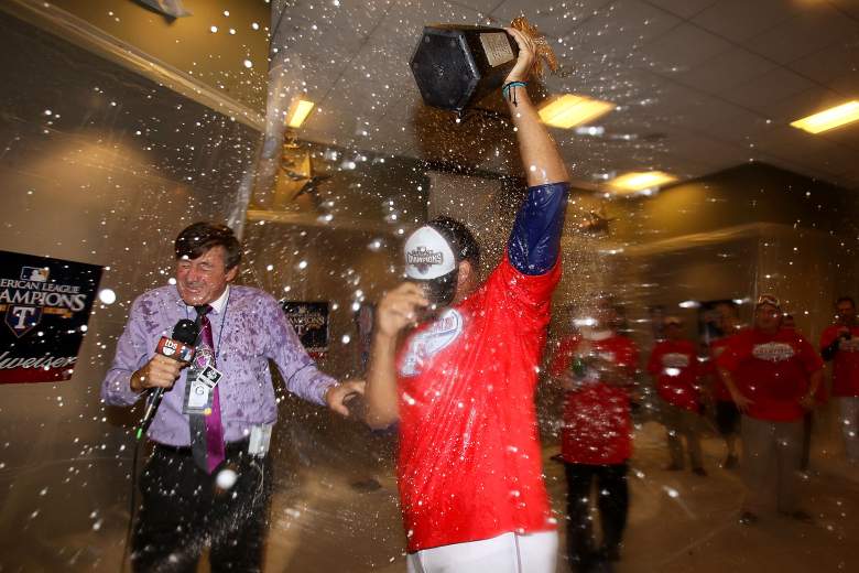 Sager in the Texas Rangers locker room after the team clinched the American League pennant in 2010. (Getty)