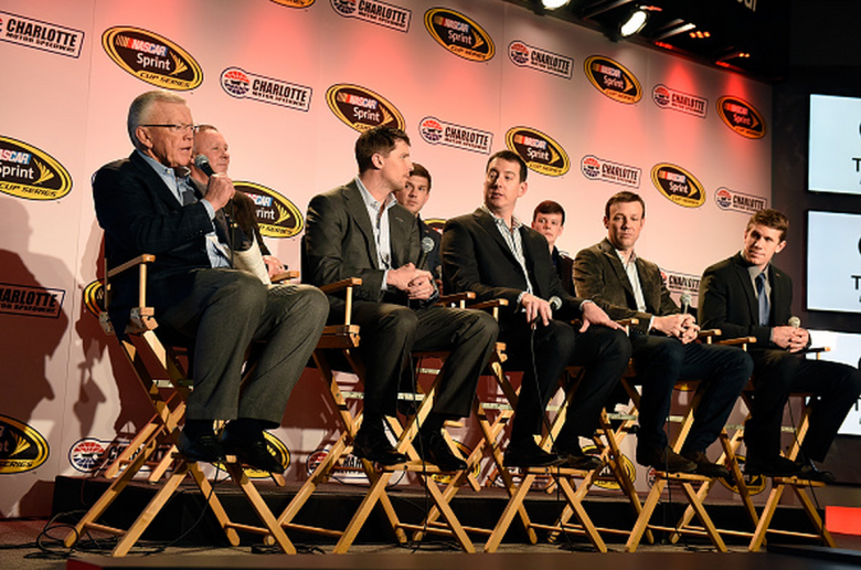 Joe Gibbs (left), owner of Joe Gibbs Racing, speaks with the media during the NASCAR Sprint Media Tour at the Charlotte Convention Center on January 26, 2015 in Charlotte, North Carolina. To his right is Denny Hamlin, Kyle Busch, Matt Kenseth and Carl Edwards. (Getty)