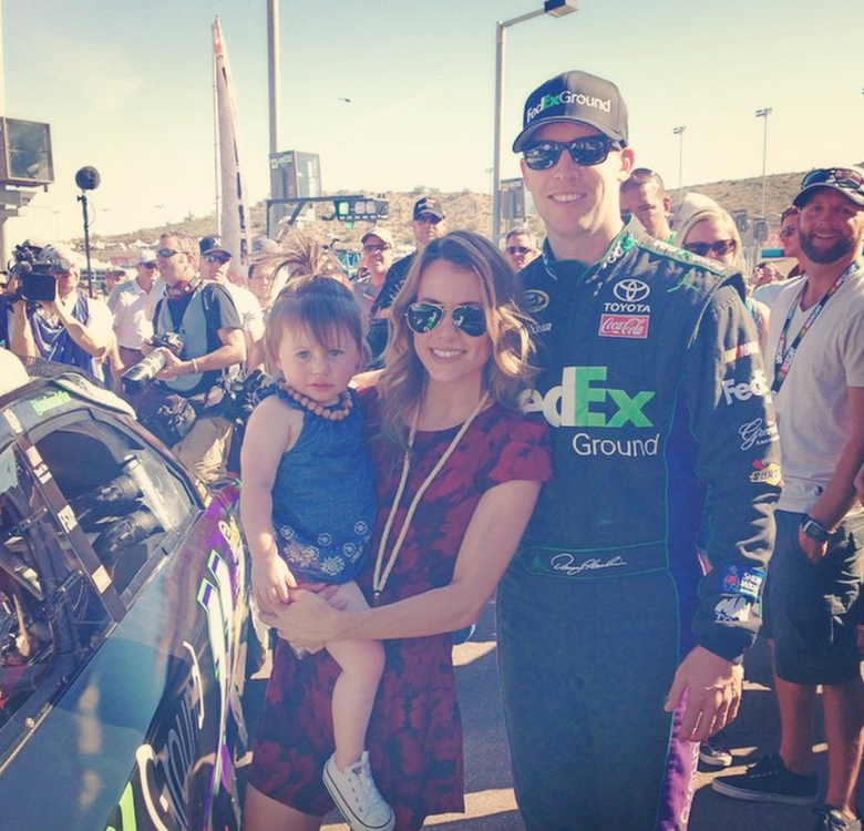 Jordan Fish with daughter Taylor and boyfriend NASCAR driver Denny Hamlin prior to a race in Phoenix last fall. (Instagram/xojordanfish)