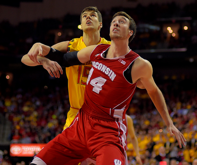 Maryland forward Michal Cekovsky (15), left, and Wisconsin forward Frank Kaminsky (44) vie for a rebound as the Wisconsin Badgers play the the Maryland Terrapins in mens basketball at College Park MD , February 24, 2014. (Getty)