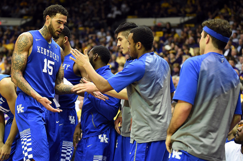 Willie Cauley-Stein #15 of the Kentucky Wildcats is greeted by teammates as he comes out during the second half of a game against the LSU Tigers at the Pete Maravich Assembly Center on February 10, 2015 in Baton Rouge, Louisiana. (Getty)