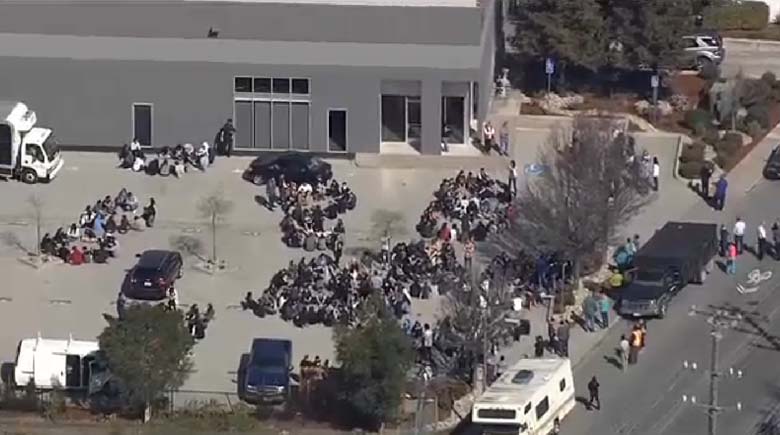 Students waiting in groups after the evacuation. (Screengrab via CBS San Francisco)