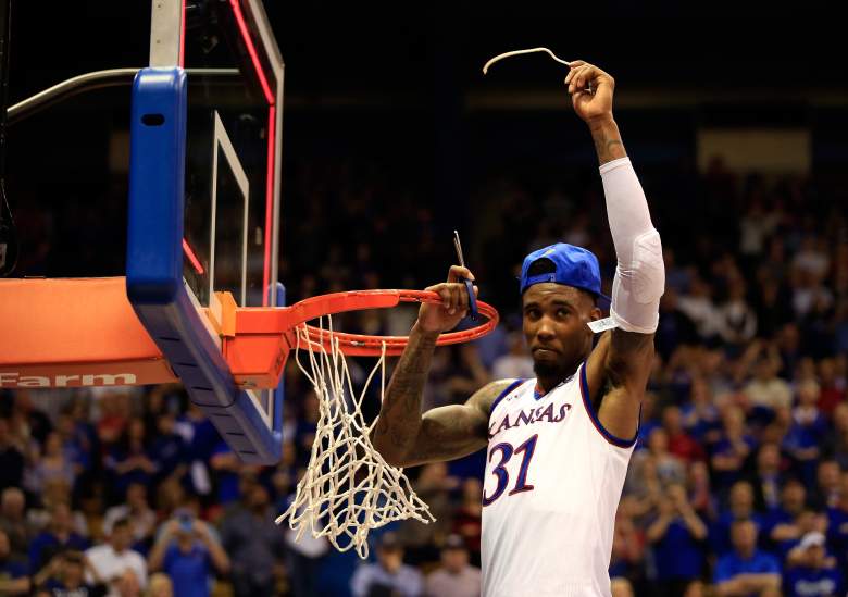 during the game at Allen Fieldhouse on March 3, 2015 in Lawrence, Kansas.