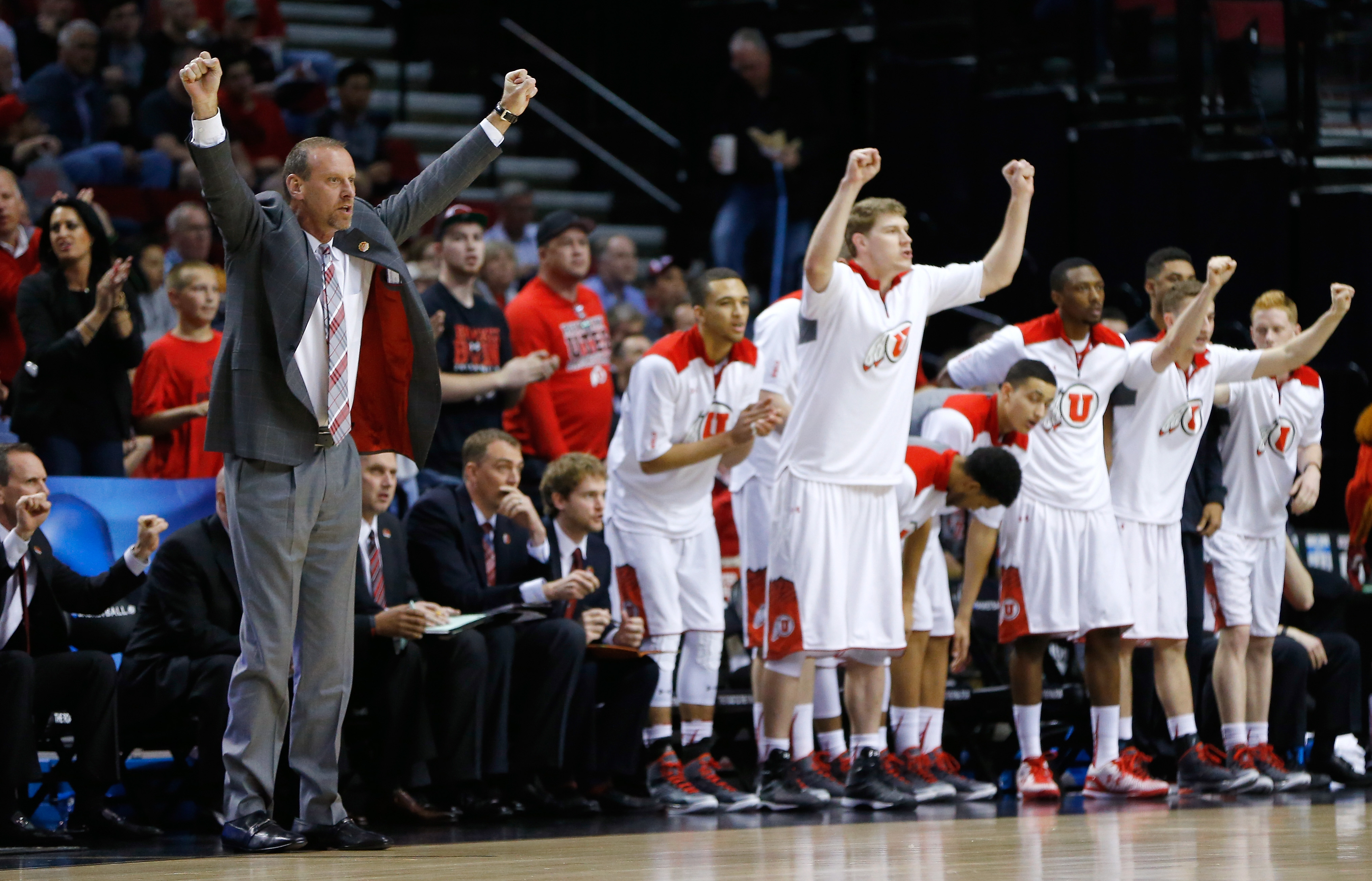 Utah's bench celebrates after a made shot. (Getty)