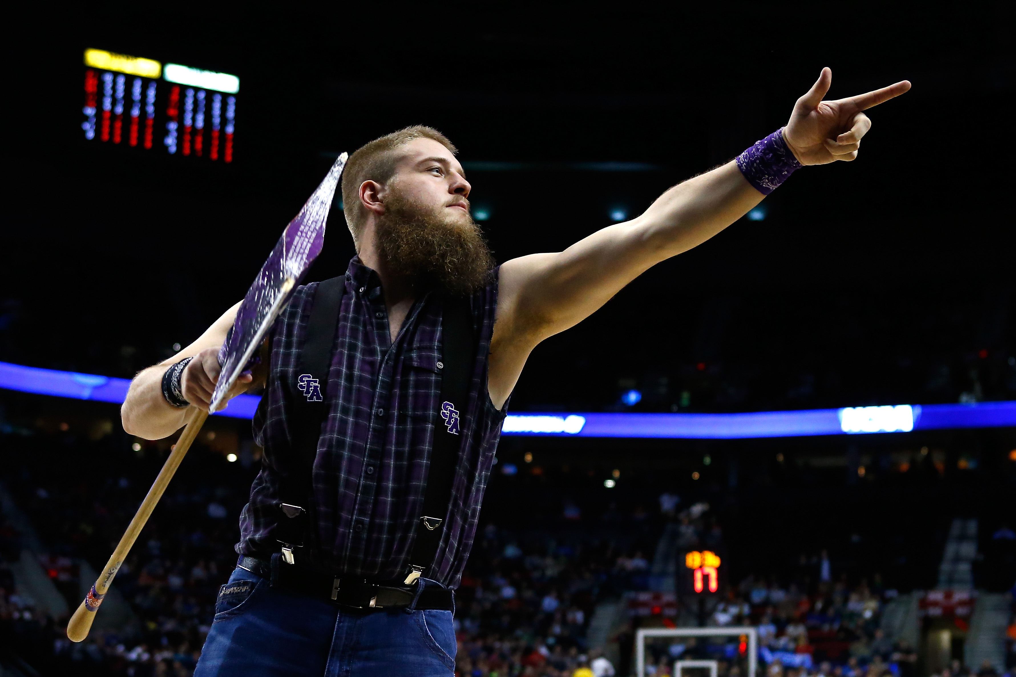 The Stephen F. Austin Lumberjacks mascot performs during the second half. (Getty)
