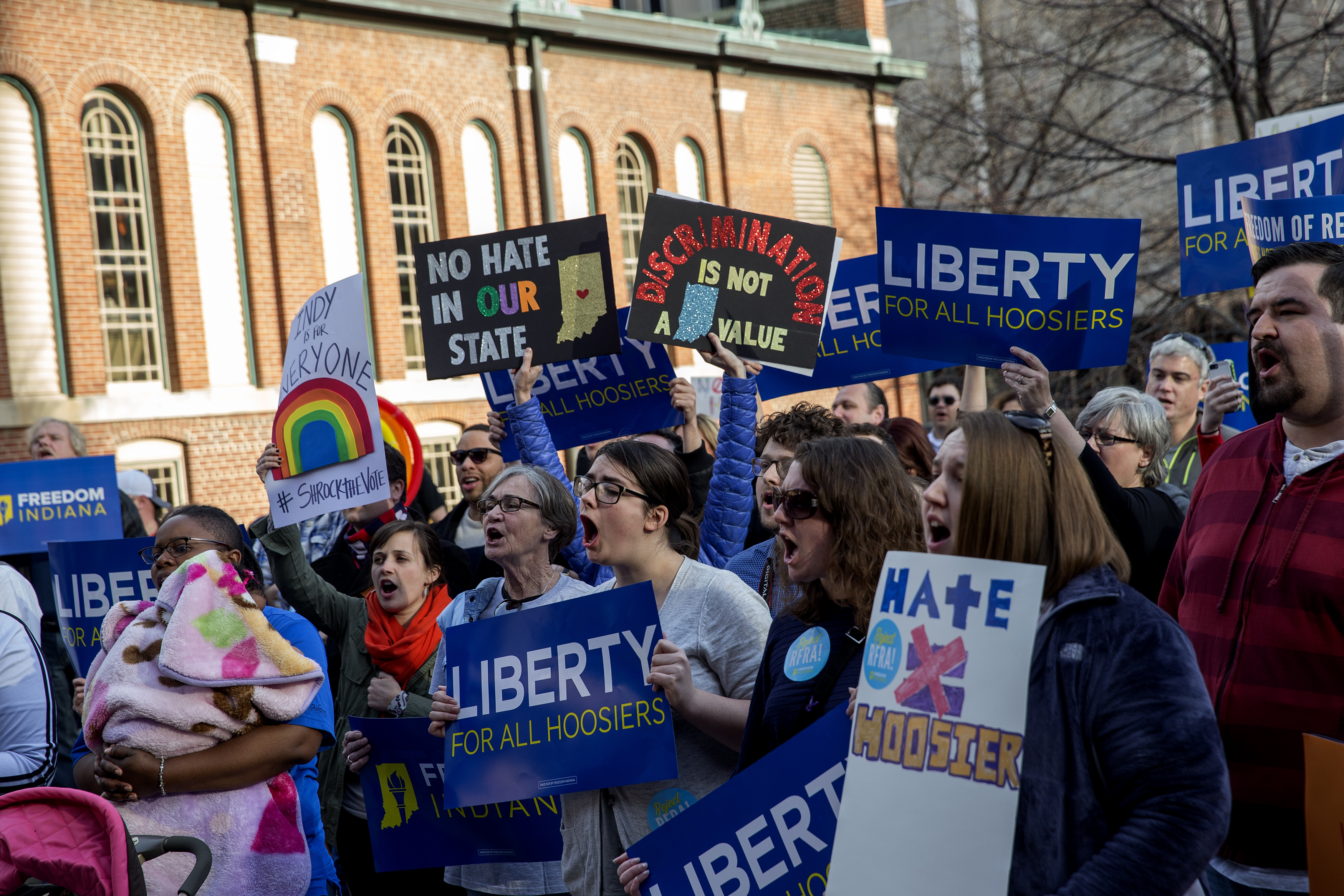 Demonstrators  gather outside the City County Building on March 30, 2015 in Indianapolis, Indiana. The group called on the state house to roll back the controversial Religious Freedom Restoration Act. (Getty)