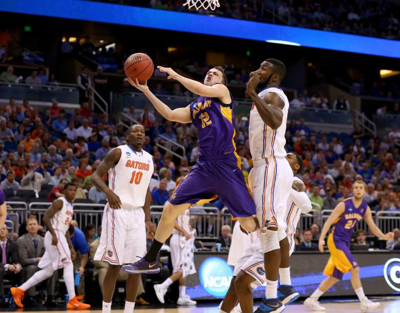 Albany's Peter Hooley in a 2014 NCAA Tournament Round of 64 game against the No. 1 seeded Florida Gators. (Getty)