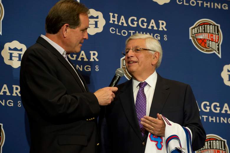 Jim Nantz speaks with David Stern during the Naismith Memorial Basketball Hall of Fame 2014 Class Announcement. (Getty)