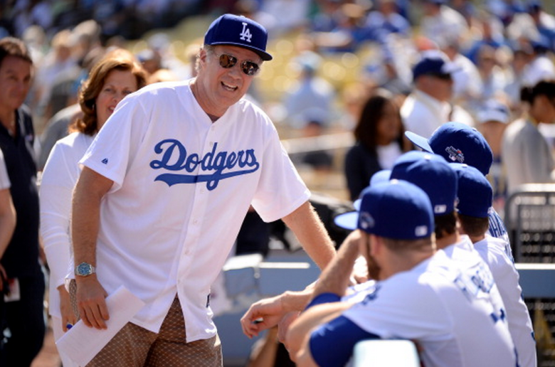 Actor Will Ferrell talks with members of the Los Angeles Dodgers before the Dodgers take on the St. Louis Cardinals in Game Five of the National League Championship Series at Dodger Stadium on October 16, 2013 in Los Angeles, California. (Getty)