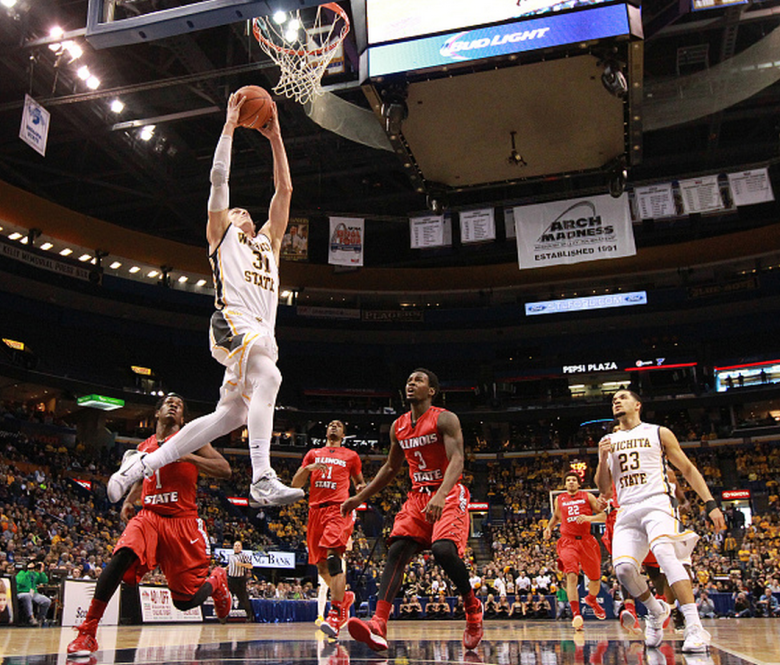 Wichita State's Ron Baker dunks after recovering a turnover in first-half action against Illinois State in the Missouri Valley Conference tournament semifinals on Saturday, March 7, 2015, at the Scottrade Center in St. Louis. Illinois State advanced, 65-62. (Getty)