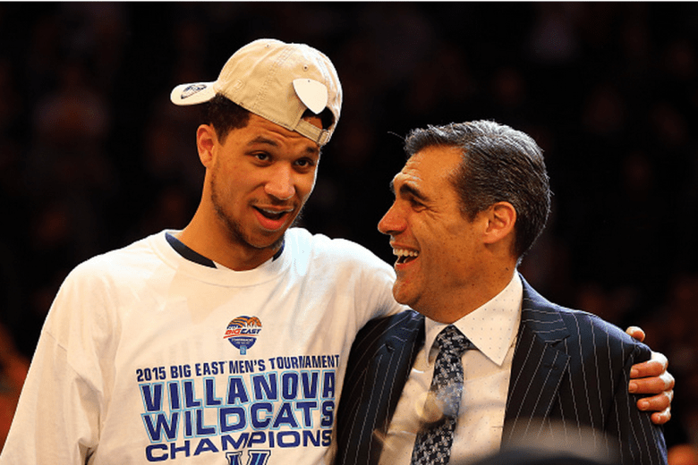 Josh Hart #3 celebrates with head coach Jay Wright of the Villanova Wildcats after defeating the Xavier Musketeers 69-52 in the championship game of the Big East basketball tournament at Madison Square Garden on March 14, 2015 in New York City. (Getty)