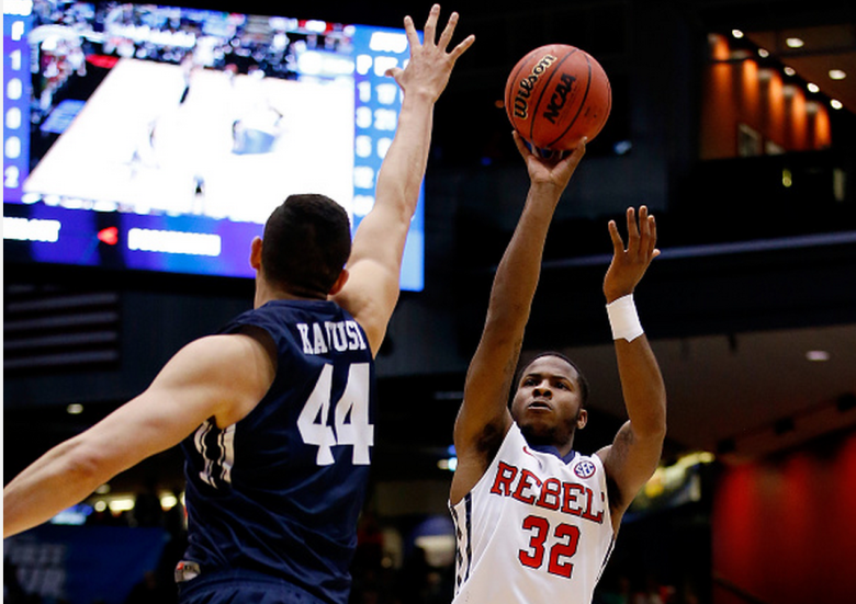 Jarvis Summers #32 of the Mississippi Rebels takes a shot over Corbin Kaufusi #44 of the Brigham Young Cougars during the first round of the 2015 NCAA Men's Basketball Tournament at UD Arena on March 17, 2015 in Dayton, Ohio. (Getty)