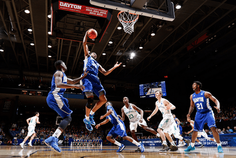 Charles Wilson-Fisher #31 of the Hampton Pirates pulls down a rebound against the Manhattan Jaspers during the first round of the 2015 NCAA Men's Basketball Tournament at UD Arena on March 17, 2015 in Dayton, Ohio. (Getty)