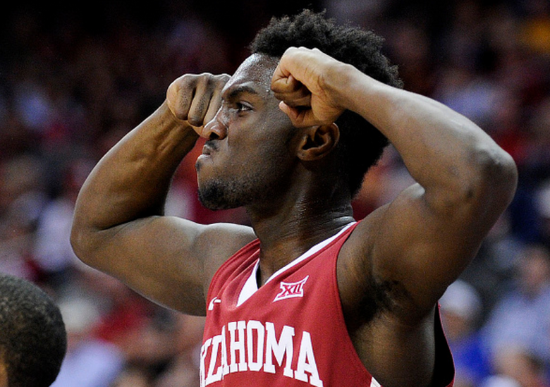Khadeem Lattin #12 of the Oklahoma Sooners reacts in the second half against the Iowa State Cyclones during a semifinal game of the 2015 Big 12 Basketball Tournament at Sprint Center on March 13, 2015 in Kansas City, Missouri. (Getty)