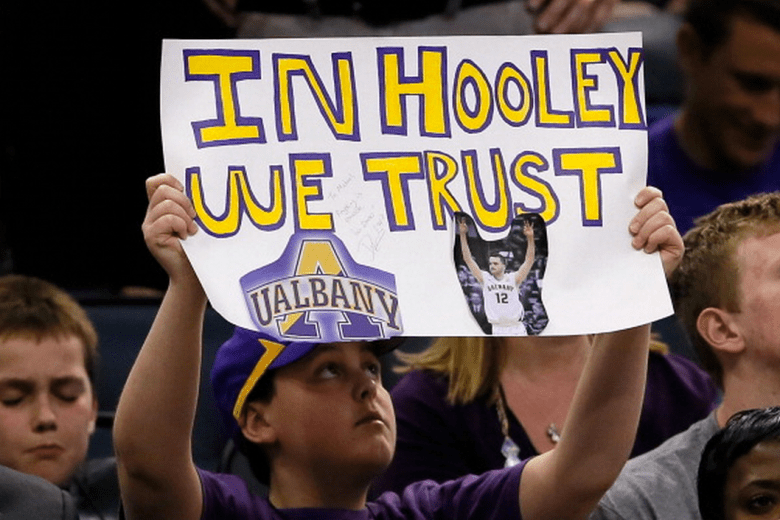 Albany Great Danes fan holds up a sign for Peter Hooley #12 in the second half as the Great Danes take on the Florida Gators during the second round of the 2014 NCAA Men's Basketball Tournament at Amway Center on March 20, 2014 in Orlando, Florida. (Getty)