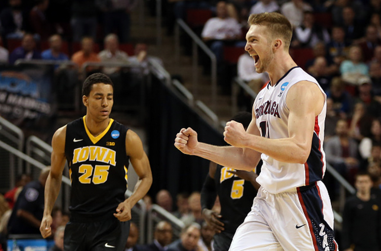 Gonzaga's Domantas Sabonis celebrates against the Iowa Hawkeyes in the second half of the game during the round of 32 in the 2015 NCAA Men's Basketball Tournament. (Getty)