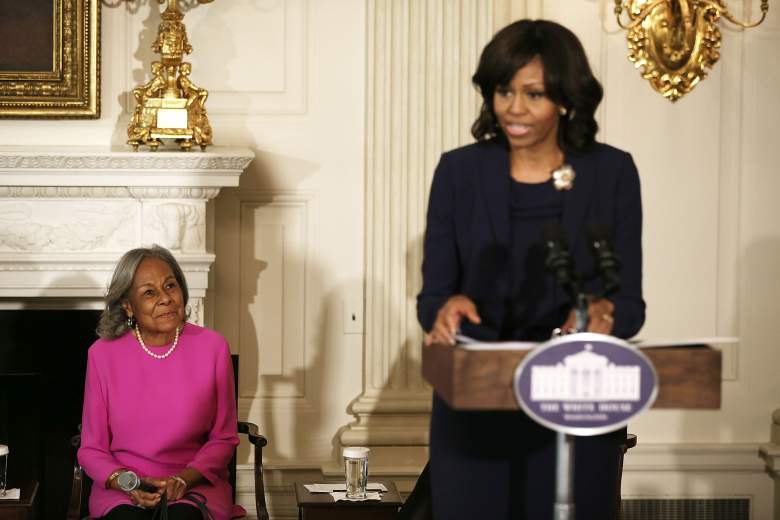 U.S. first lady Michelle Obama speaks as Rachel Robinson, widow of the late baseball player Jackie Robinson, listens during a State Dining Room event at the White House on April 2, 2013