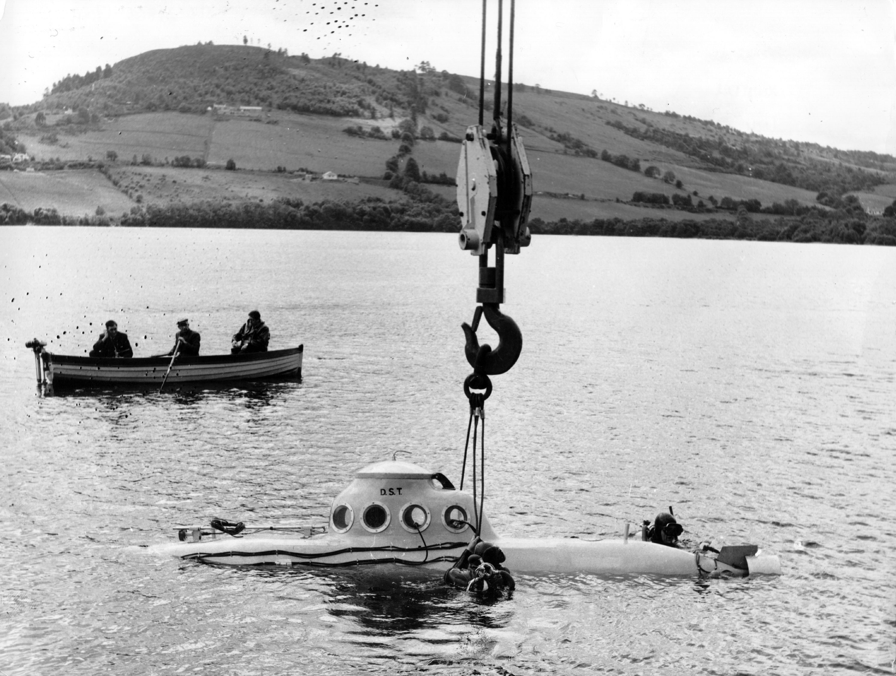 A submarine is lowered into Loch Ness to begin its search for the monster on July 7, 1969. (Getty)