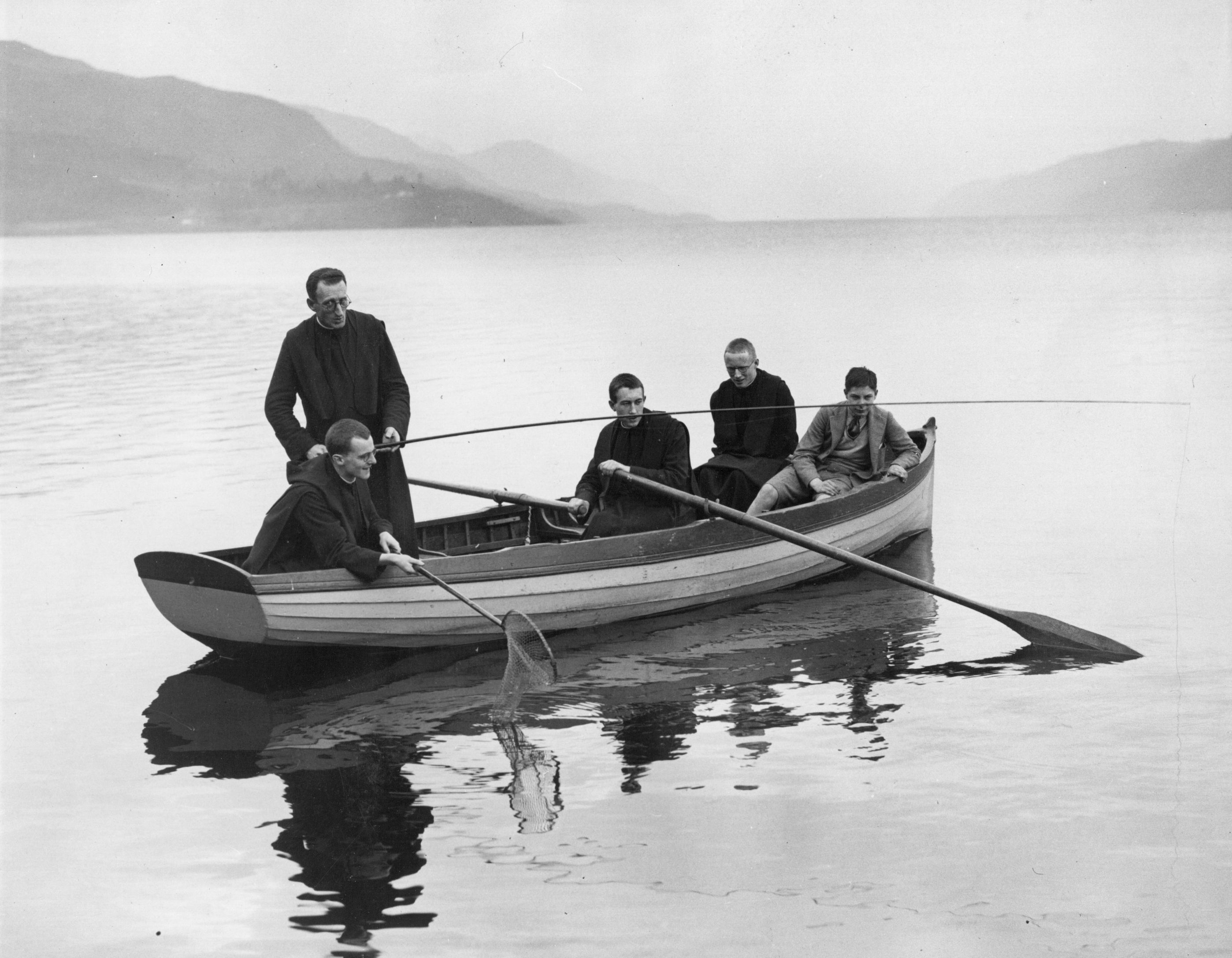  A group of monks from the Fort Augustus Abbey go angling on Loch Ness which is famed for its mythical monster on February 23, 1935. 