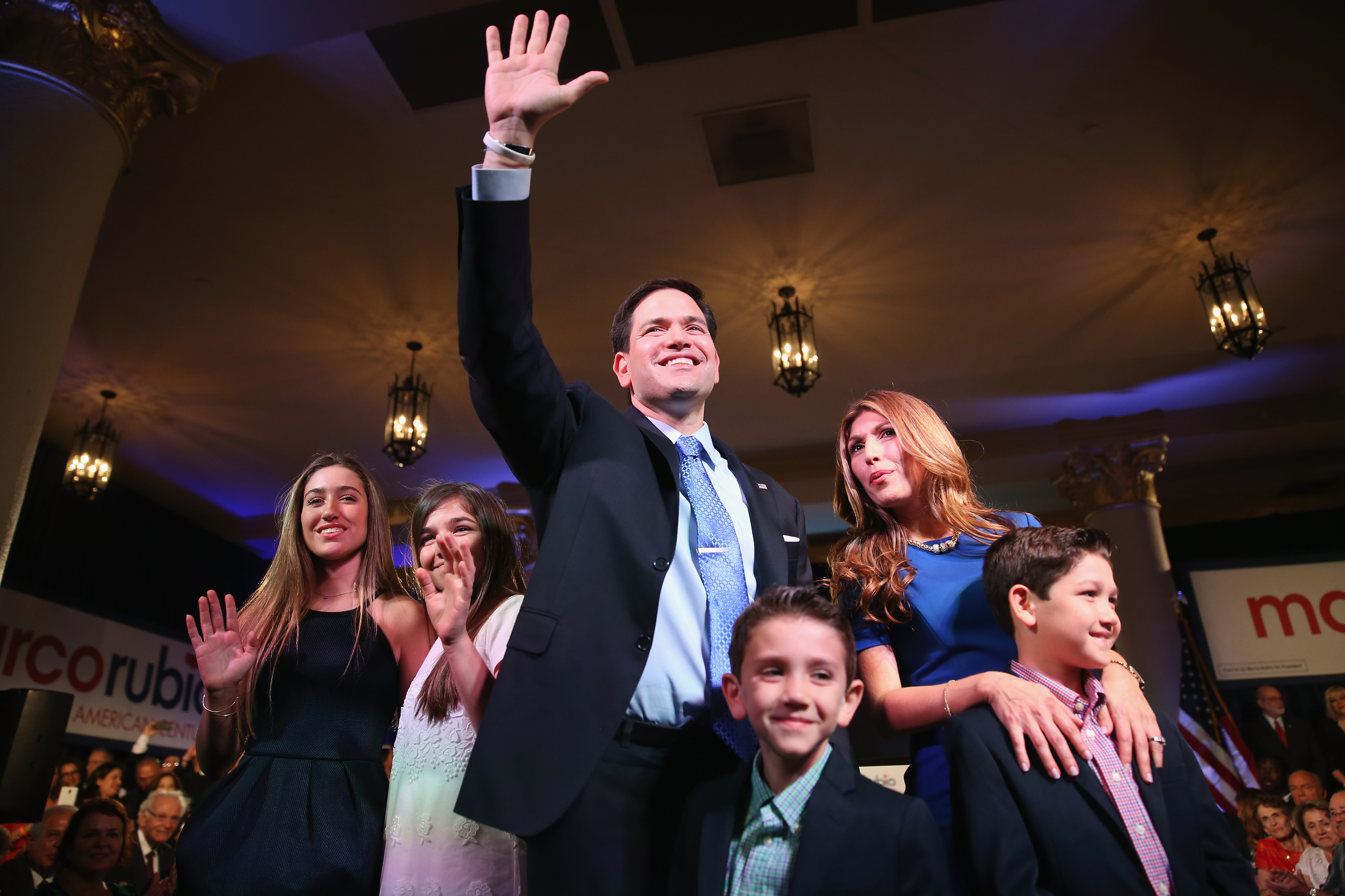 MIAMI, FL - APRIL 13: U.S. Sen. Marco Rubio (R-FL) stands with his wife, Jeanette Rubio, and children after announcing his candidacy for the Republican presidential nomination. (Getty)