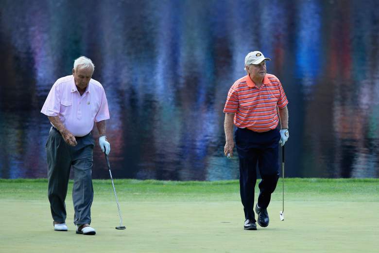 Legends Arnold Palmer (left) and Jack Nicklaus walk the course at the 2014 Masters Par-3 Contest.  (Getty)