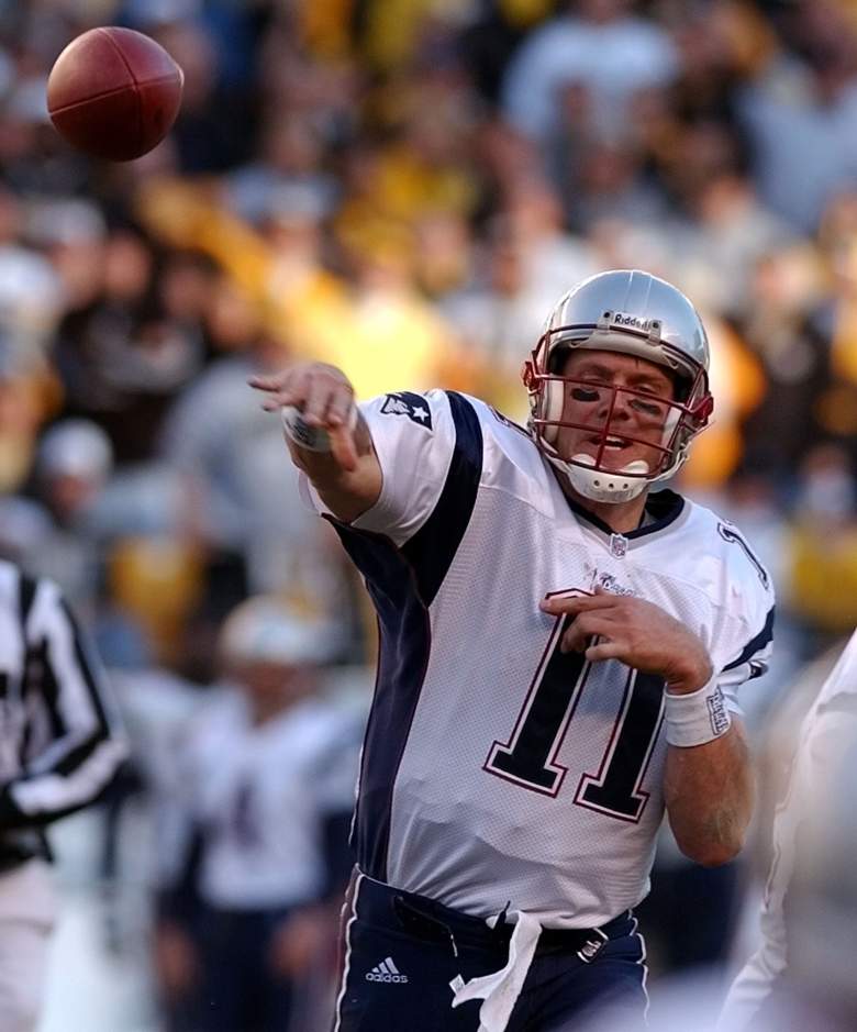 In his last game as the Patriots' quarterback, Drew Bledsoe relieved Tom Brady in the 2002 AFC Championship game to lead the Patriots to the Super Bowl against the Rams. (Getty)
