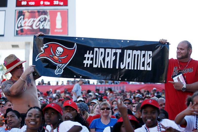 Tampa Bay Buccaneers fans display a sign asking for the team to draft Jameis Winston. (Getty)