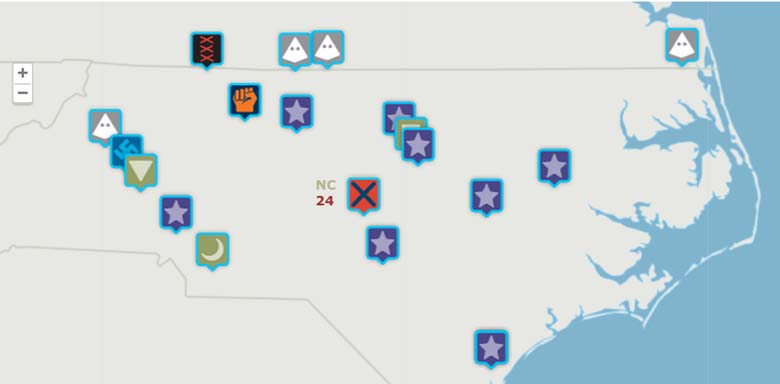 A map showing the 24 active hate groups in North Carolina. (Southern Poverty Law Center)
