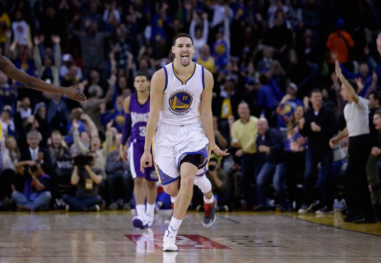 Klay Thompson celebrates after hitting one of his 239 three-pointers during the regular season. His health will be vital for the NBA finals. (Getty)