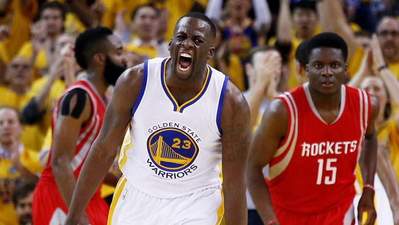 OAKLAND, CA - MAY 19:  Draymond Green #23 of the Golden State Warriors reacts in the second quarter against the Houston Rockets during Game One of the Western Conference Finals of the 2015 NBA Playoffs at ORACLE Arena on May 19, 2015 in Oakland, California.  NOTE TO USER: User expressly acknowledges and agrees that, by downloading and or using this photograph, user is consenting to the terms and conditions of Getty Images License Agreement. (Photo by Ezra Shaw/Getty Images)