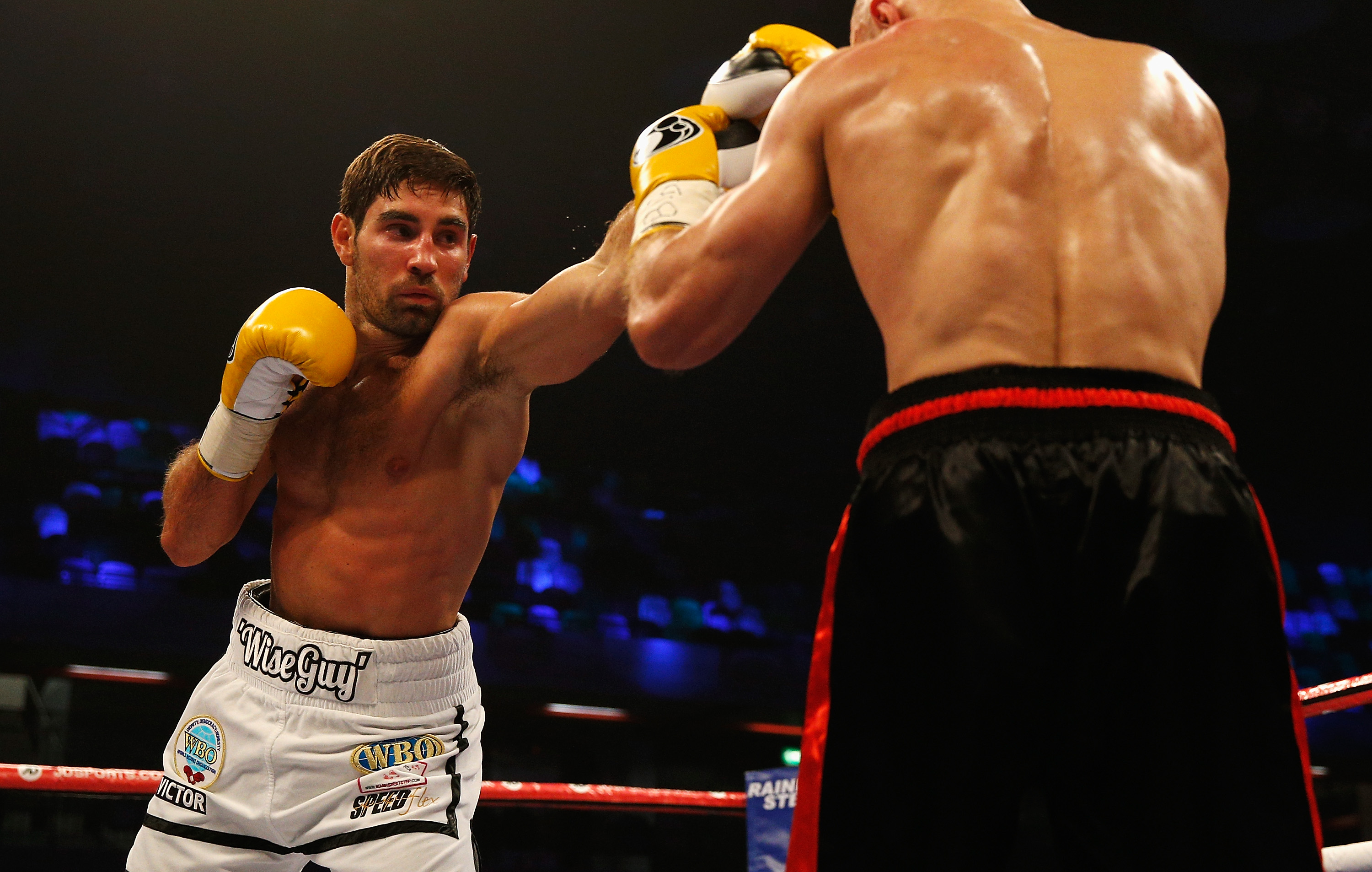 Frank Buglioni (L) and Sergey Khomitsky in action during their WBO European Super-Middleweight Championship bout at The Copper Box on April 12, 2014 in London, England. (Getty)