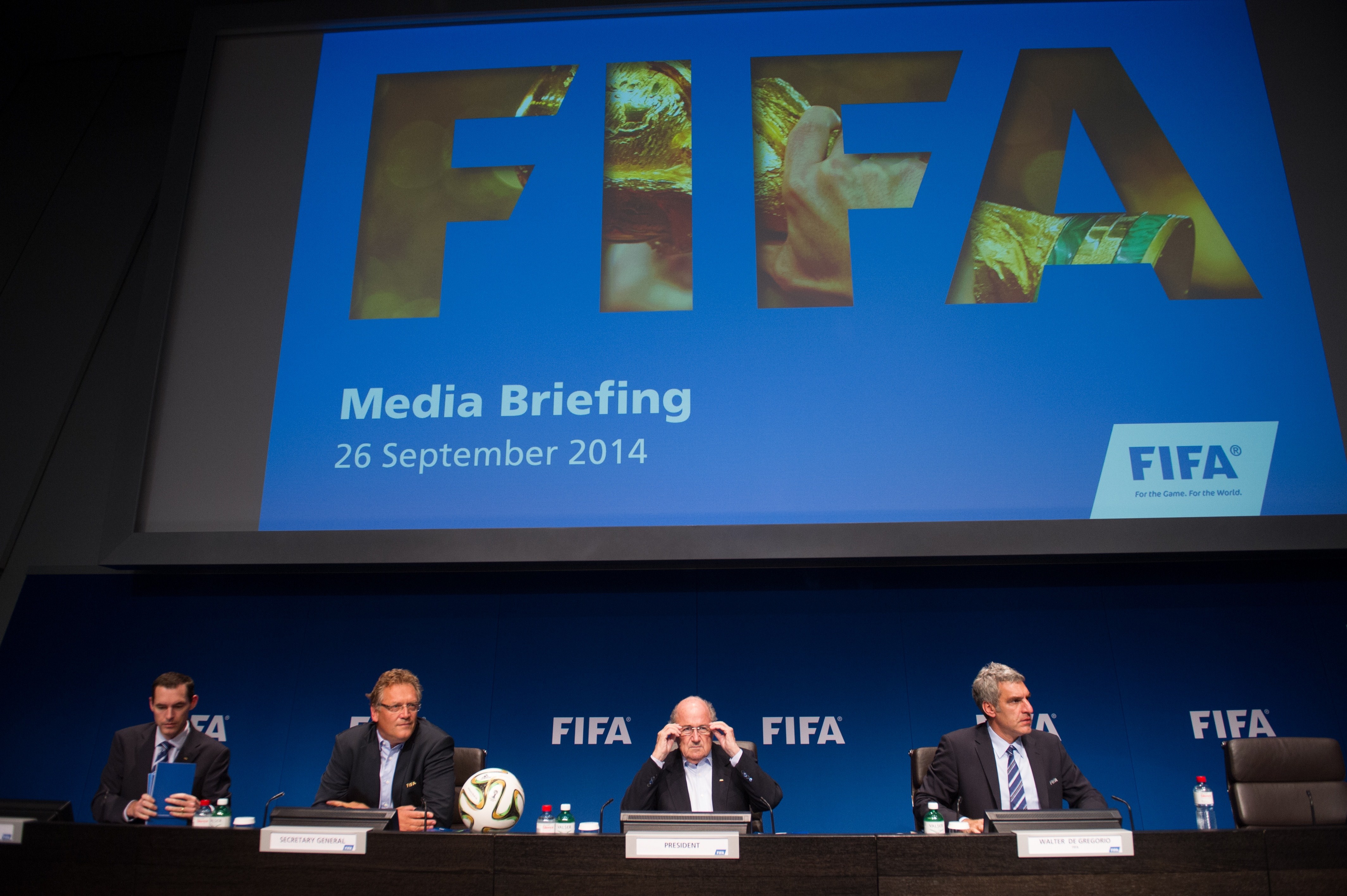 FIFA officials speak at a press conference in September 2014. (Getty)