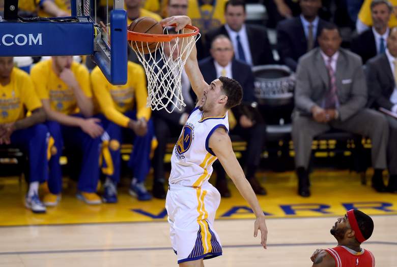 Klay Thompson of the Golden State Warriors dunks in Game 1 of the 2015 Western Conference Finals against the Houston Rockets. (Getty)