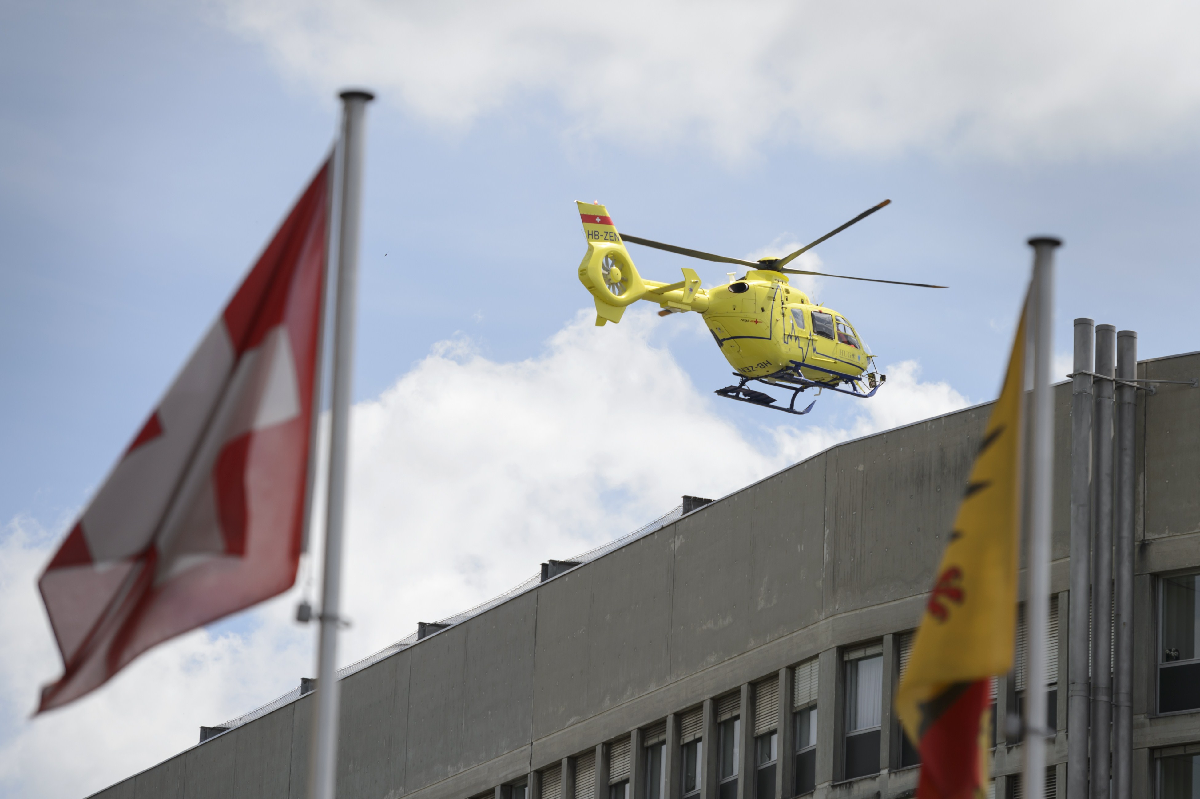 A helicopter takes off at the Geneva, Switzerland hospital where John Kerry was taken for treatment. (Getty)