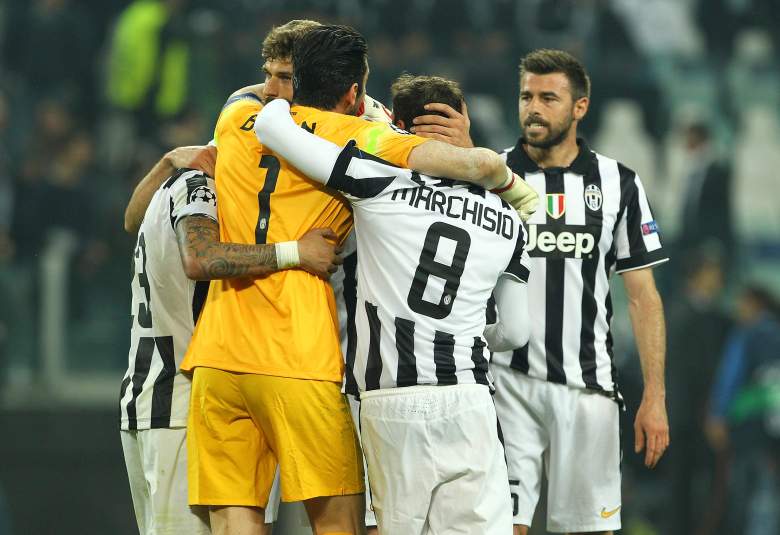 The players of Juventus celebrate a victory at the end of the UEFA Champions League semi final match between Juventus and Real Madrid at Juventus Arena on May 5, 2015 in Turin, Italy.  Getty