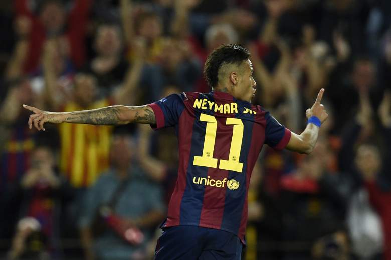 Barcelona forward Neymar celebrates after scoring the third and final goal for Barcelona during their 3-0 win in the UEFA Champions League semifinal against Bayern Munich at Camp Nou in Barcelona on May 6, 2015. (Getty)
