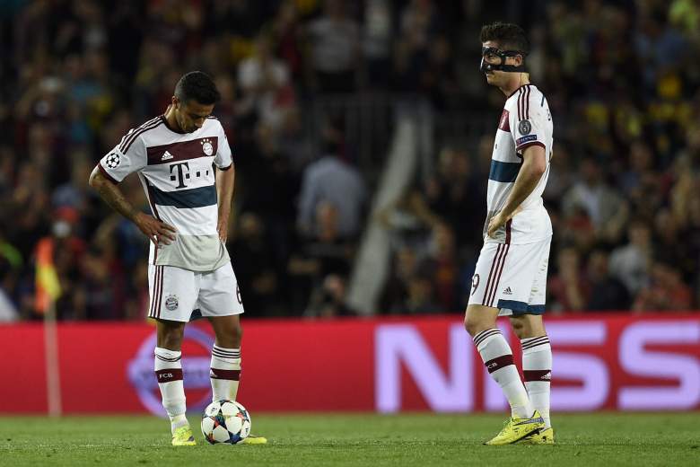 Bayern Munich's Thiago Alcantara (left) and Robert Lewandowski (right) were disappointed by a 3-0 victory by Barcelona at  Camp Nou in Barcelona on May 6, 2015, but look for revenge in the second leg of their Champiosn League semifinals. (Getty)
