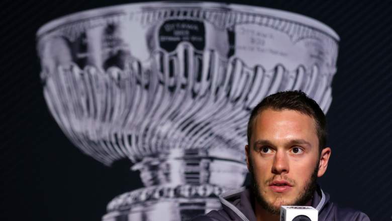 Jonathan Toews speaks to media prior to Game 1 of the Stanley Cup Finals. (Getty)