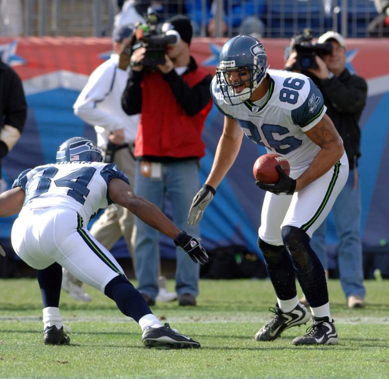 Seahawks Jerramy Stevens #86 celebrates his touchdown with Bobby Engram versus Tennessee at The Coliseum in Nashville, Tennessee, Dec. 18, 2005. (Photo by Joe Murphy/NFLPhotoLibrary)
