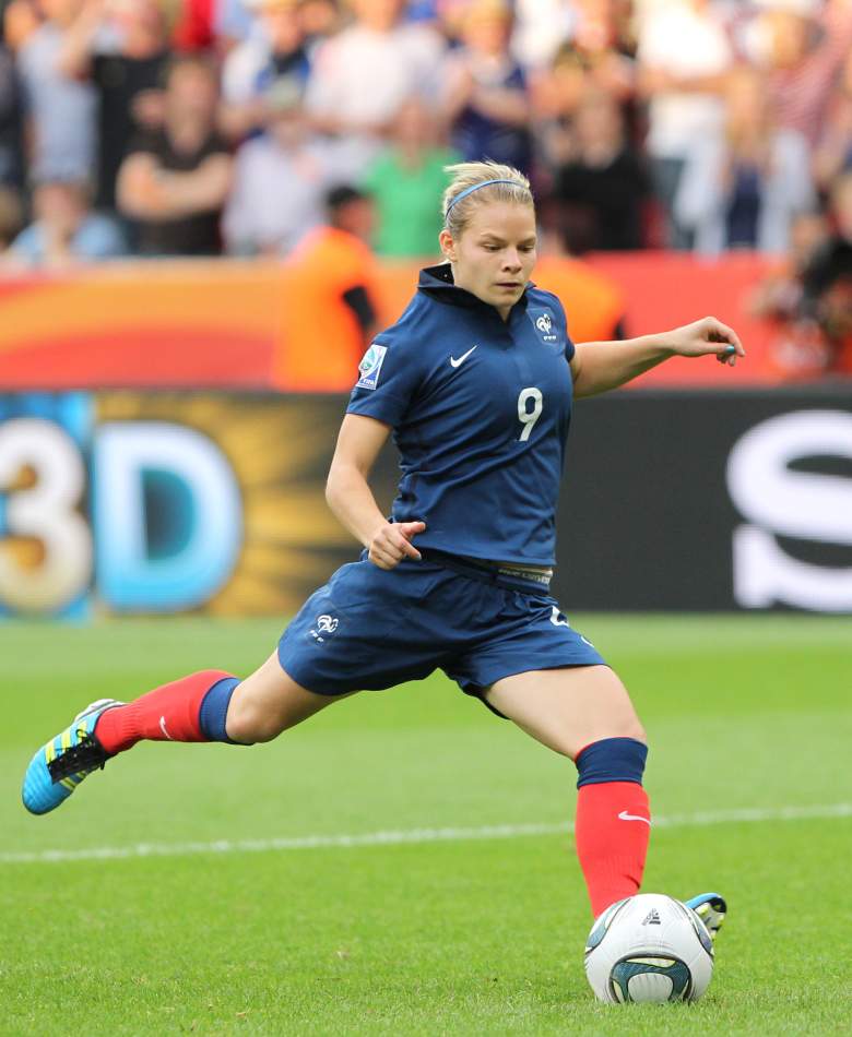 France's striker Eugenie Le Sommer plays the ball during the quarter-final match of the FIFA women's football World Cup England vs France on July 9, 2011 in Leverkusen, western Germany. AFP PHOTO / DANIEL ROLAND (Photo credit should read DANIEL ROLAND/AFP/Getty Images)