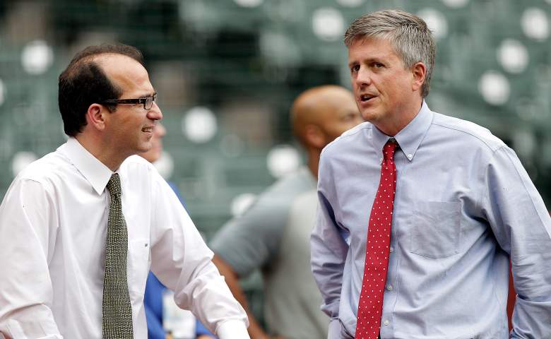 Houston Astros general manager Jeff Luhnow, right, and team president George Postolos talk during batting practice before a game between the New York Mets and Houston Astros on May 1, 2012. (Getty)