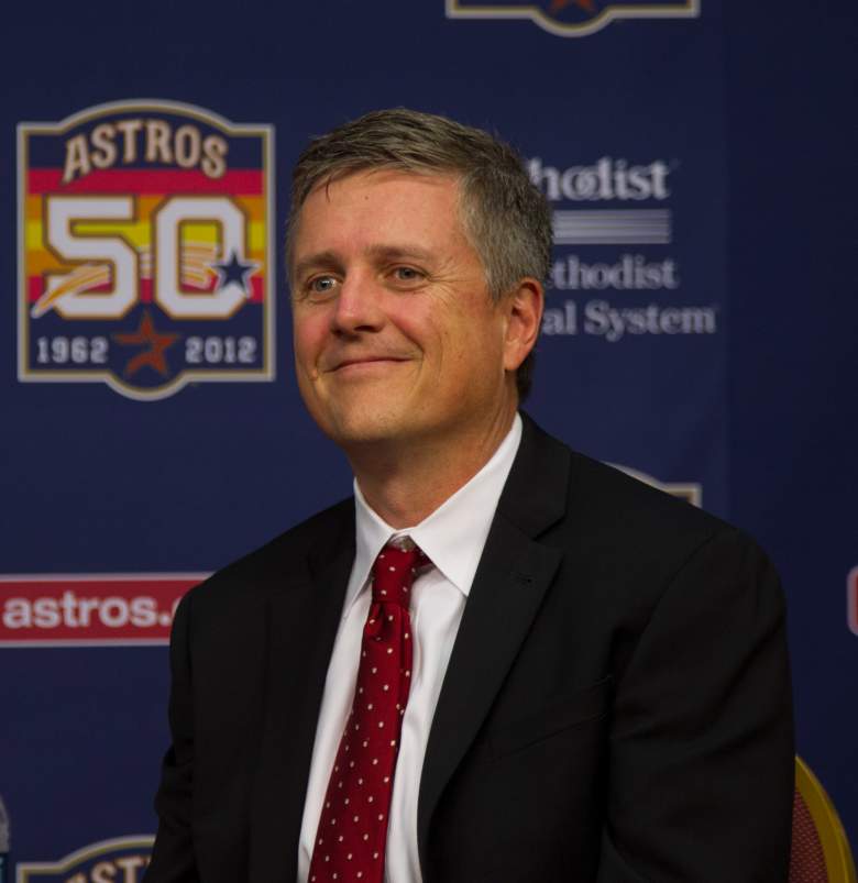 HOUSTON,TX-JUNE 07:  General manager Jeff Luhnow of the Houston Astros was all smiles during a press conference to introduce Carlos Correa, the Astros' first-overall selection in the 2012 MLB First Year Player Draft on June 7, 2012 at Minute Maid Park in Houston, Texas.  (Photo by Bob Levey/Getty Images)
