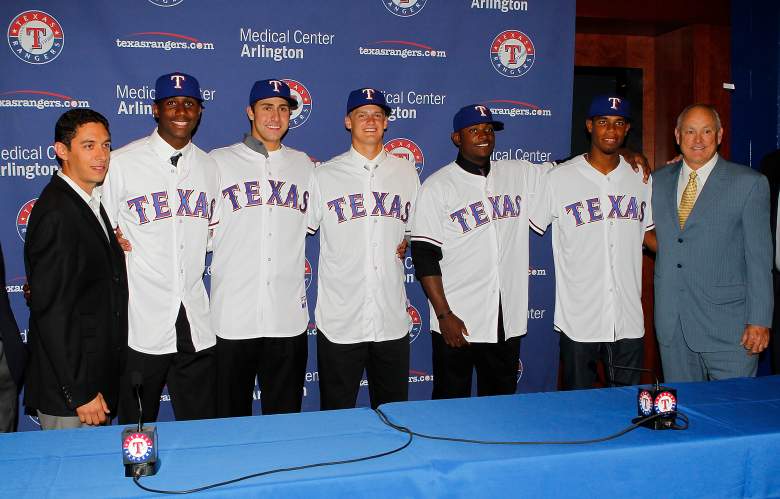 The Texas Rangers agree to terms with five selections in 2012 MLB  draft (L-R) John Daniels general manager, Lewis Brinson, Joey Gallo, Collin Wiles, Jamie Jarmon, Nick Willams and team president Nolan Ryan. (Getty)
