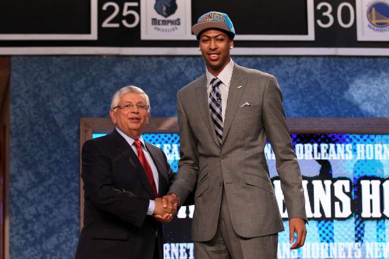 Anthony Davis shakes hands with former commissioner David Stern after being selected No. 1 overall in the 2012 NBA Draft. (Getty)