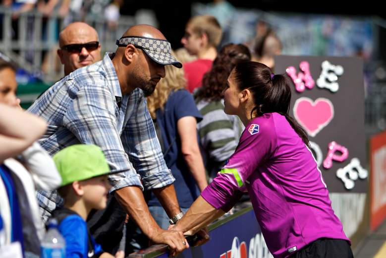 TUKWILA, WA - AUGUST 31: Hope Solo #1 of Seattle Reign FC talks to her husband Jerramy Stevens after the 2-1 loss in the National Women's Soccer League Championship on August 31, 2014 at Starfire Stadium in Tukwila, Washington. (Photo by Craig Mitchelldyer/Getty Images)