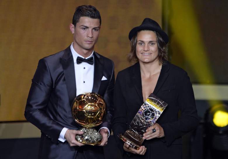 Cristiano Ronaldo (L) and Angerer share the stage after winning World Player of the Year. (Getty)