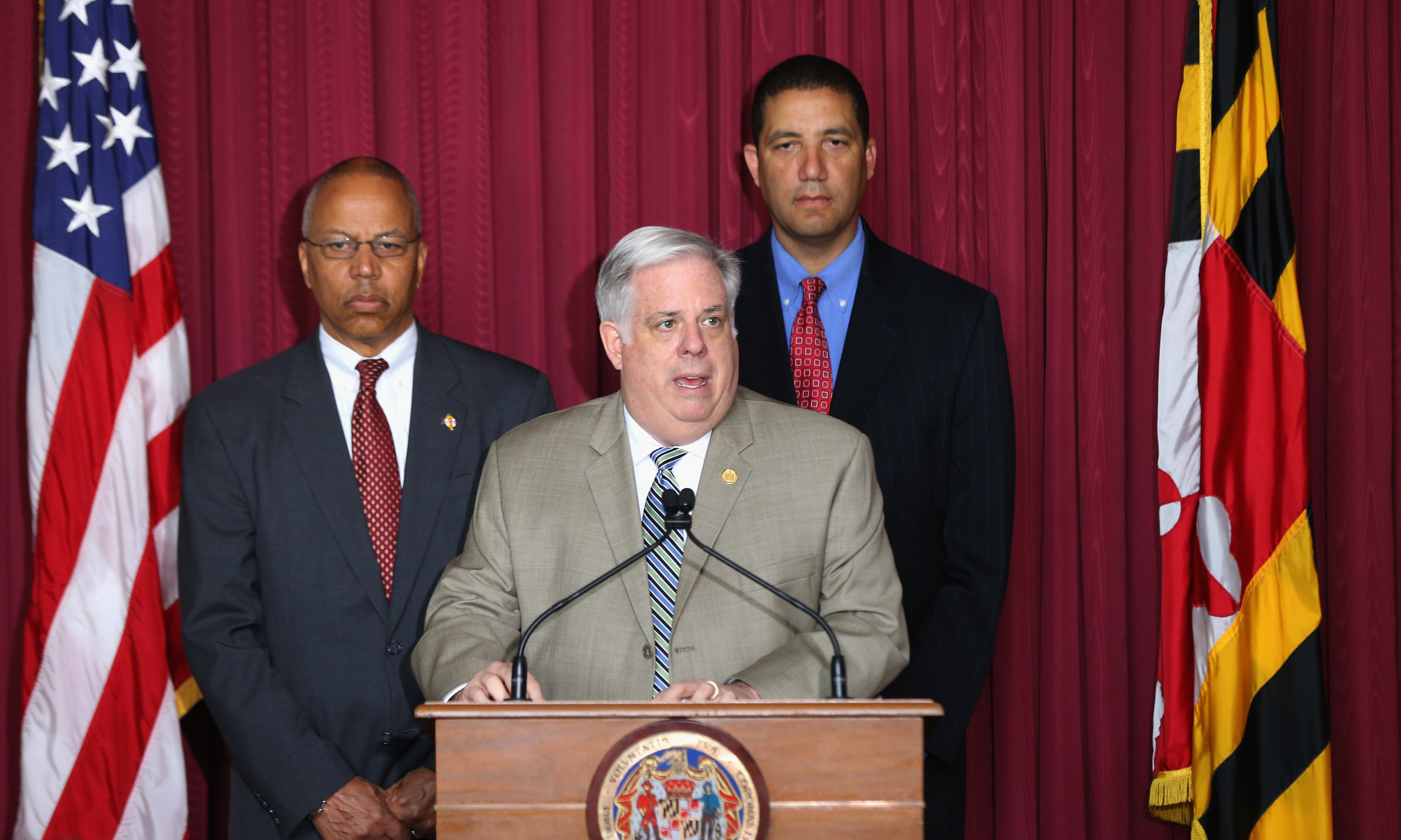 Hogan, center, with Lieutenant Governor Boyd Rutherford, left, and state delegate Keiffer Mitchell. (Getty)