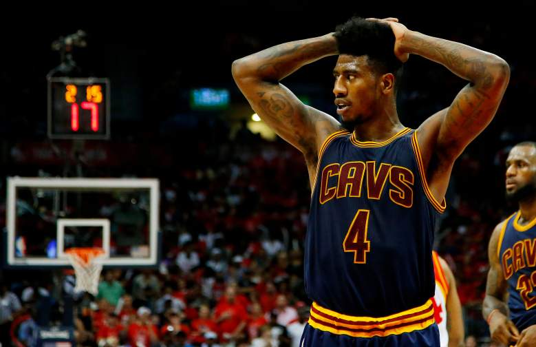 ATLANTA, GA - MAY 22:  Iman Shumpert #4 of the Cleveland Cavaliers reacts in the third quarter against the Atlanta Hawks during Game Two of the Eastern Conference Finals of the 2015 NBA Playoffs at Philips Arena on May 22, 2015 in Atlanta, Georgia. NOTE TO USER: User expressly acknowledges and agrees that, by downloading and or using this Photograph, user is consenting to the terms and conditions of the Getty Images License Agreement.  (Photo by Kevin C. Cox/Getty Images)