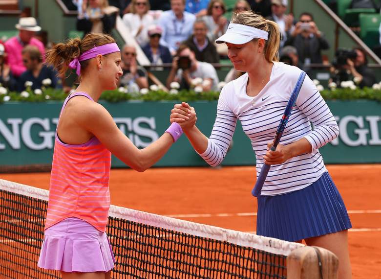 PARIS, FRANCE - JUNE 01:  Lucie Safarova of Czech Repbulic is congratulated on her victory by Maria Sharapova of Russia after their Women's Singles match on day nine of the 2015 French Open at Roland Garros on June 1, 2015 in Paris, France.  (Photo by Clive Brunskill/Getty Images)